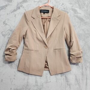 Zinga Blazer Womens S Beige Tan Ruched Sleeve Single Button Jacket Office Preppy
